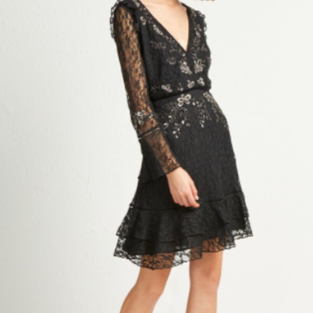 French Connection Black Lace Dress with Silver Beaded Detail